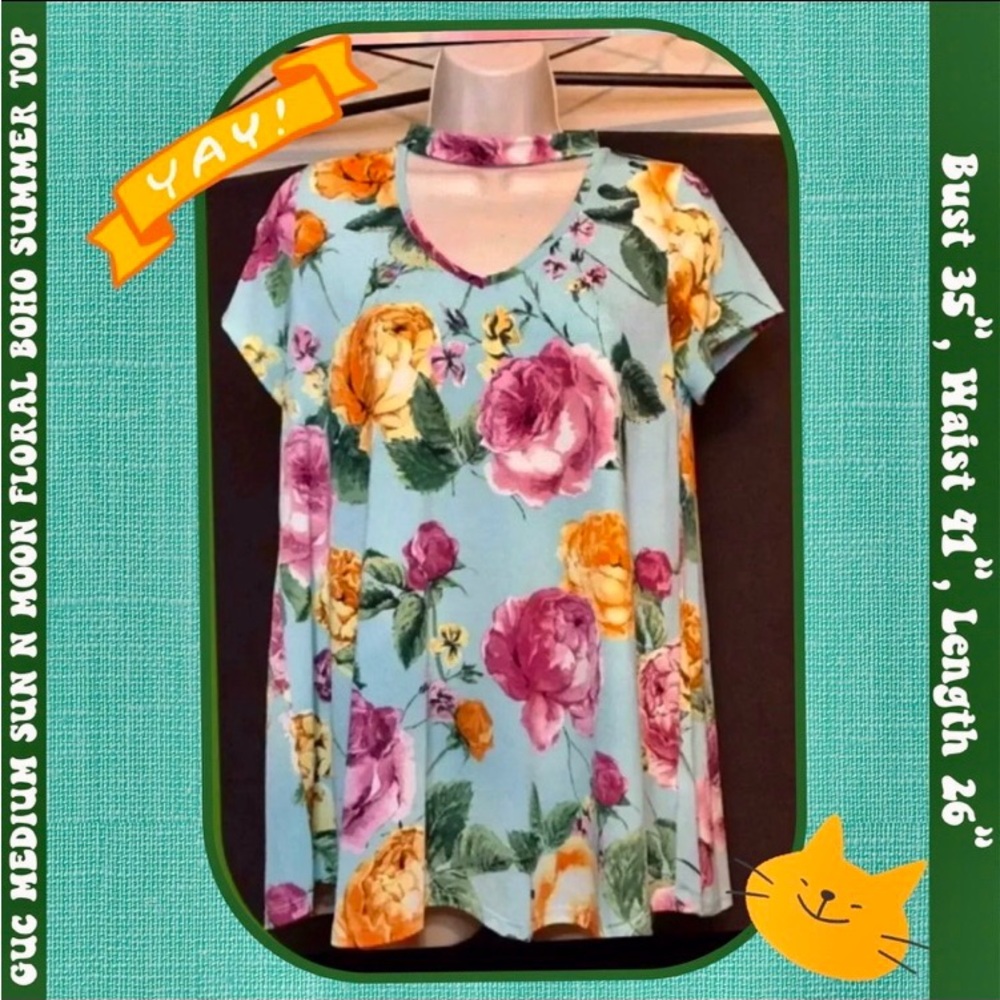 GUC M SUN & MOON MINT BLUE ROMANTIC FLORAL TOP W V  NECKLINE CUTOUT (bust 35")